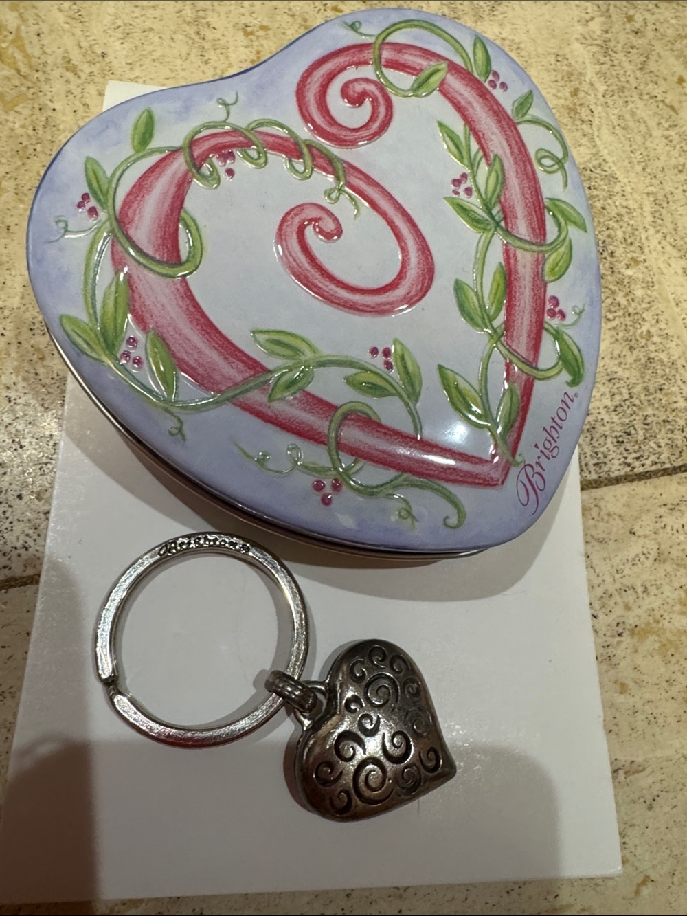 Brighton Lavender Tin with Pink Heart Swirl and Silver Heart Keychain